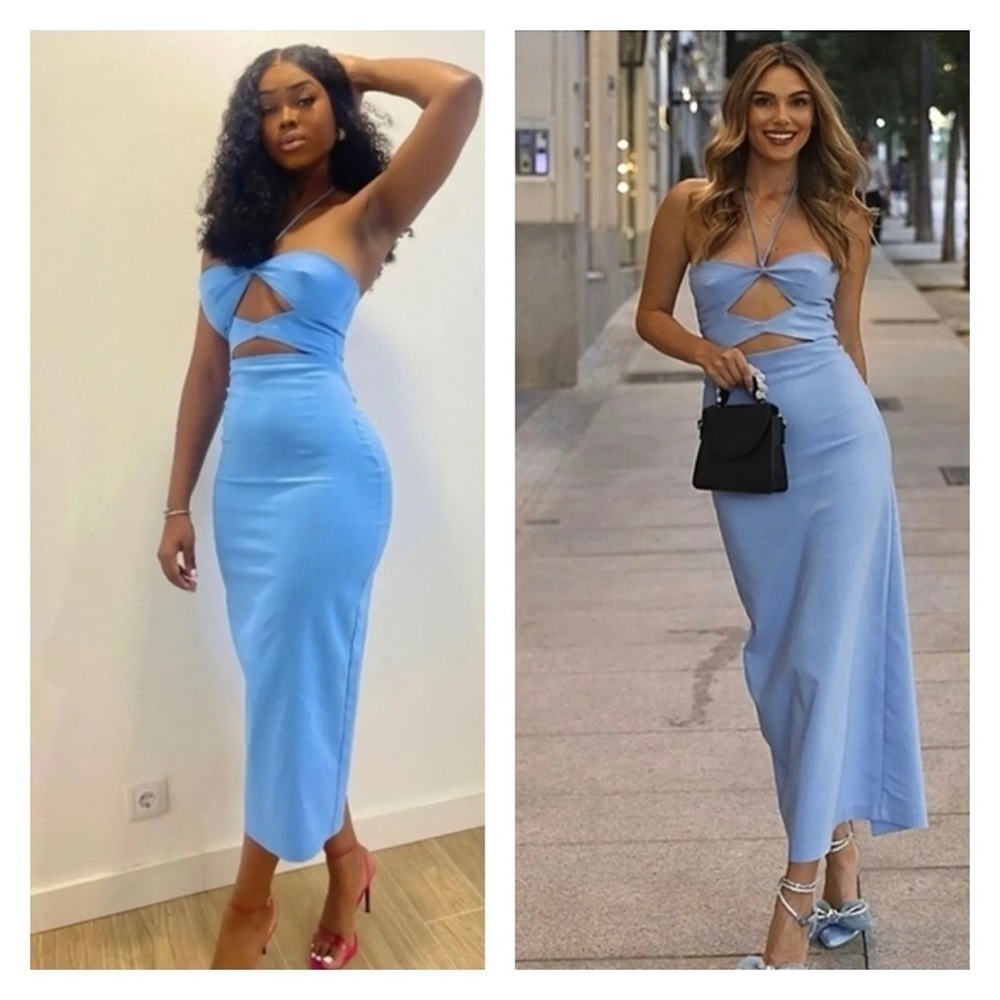 ZARA Blue Cutout Halter Sleeveless Bodycon Midi Cocktail Dress Size XL NWT - Picture 6 of 15